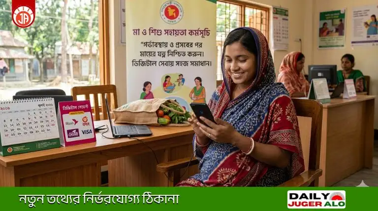 গর্ভকালীন ভাতা অনলাইন আবেদন ২০২৬ এবং ডিজিটাল পোর্টালে ফরম পূরণের দৃশ্য।