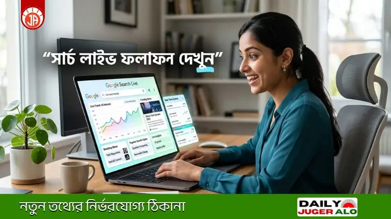 একজন ব্যবহারকারী ল্যাপটপে Google সার্চ লাইভ রিয়েল-টাইম ফলাফল দেখছেন, AI সুপারিশ ও গ্রাফ সহ