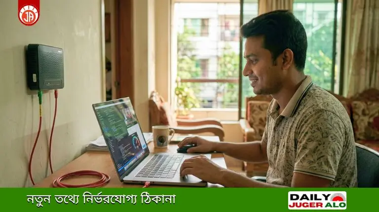 বাংলাদেশের টেলিযোগাযোগ নিয়ন্ত্রণ কমিশন (বিটিআরসি) ইন্টারনেটের দাম কমানোর ঘোষণার পর, একজন খুশি গ্রাহক নতুন হাই-স্পিড ব্রডব্যান্ড সংযোগ ব্যবহার করে স্পিড টেস্ট করছেন।- Juger Alo