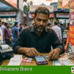 মোবাইল রিচার্জ কর: বাংলাদেশের একটি রিচার্জের দোকানে এক ব্যক্তি স্মার্টফোনের মাধ্যমে মোবাইল রিচার্জ করছেন, পাশে ১০০ টাকার নোট ও রিচার্জ স্লিপ রাখা।