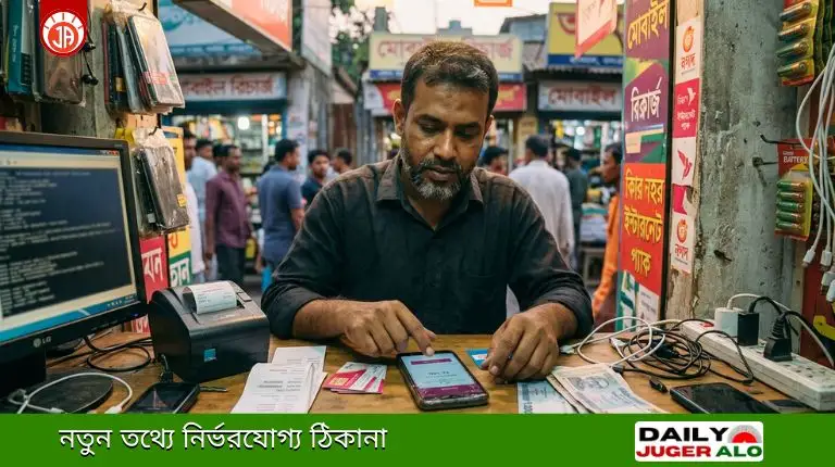 মোবাইল রিচার্জ কর: বাংলাদেশের একটি রিচার্জের দোকানে এক ব্যক্তি স্মার্টফোনের মাধ্যমে মোবাইল রিচার্জ করছেন, পাশে ১০০ টাকার নোট ও রিচার্জ স্লিপ রাখা।