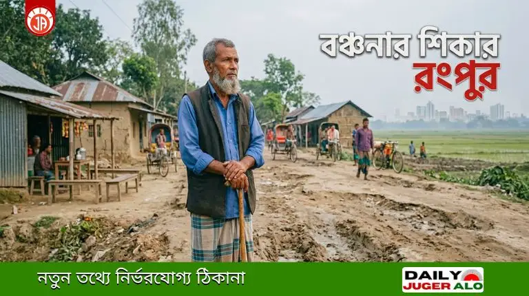 রংপুরের উন্নয়ন ও দীর্ঘদিনের বাজেট বৈষম্য নিয়ে একটি প্রতিকৃতি যেখানে বঞ্চনার চিত্র ফুটে উঠেছে।- যুগের আলো (Juger Alo)